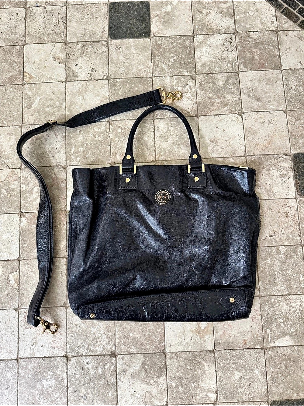 Tory Burch Black Leather-Look Tote with Strap